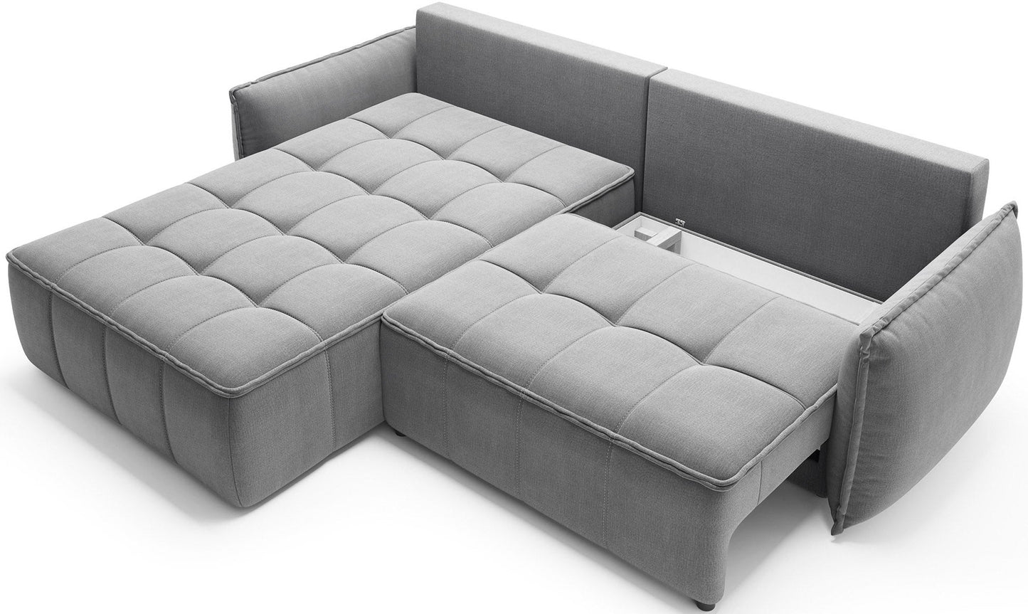 Narożnik Campo w układzie lewym, kolor Nube 04 szary, z otwartą komorą schowka pod siedziskiem, widok z góry na neutralnym tle.