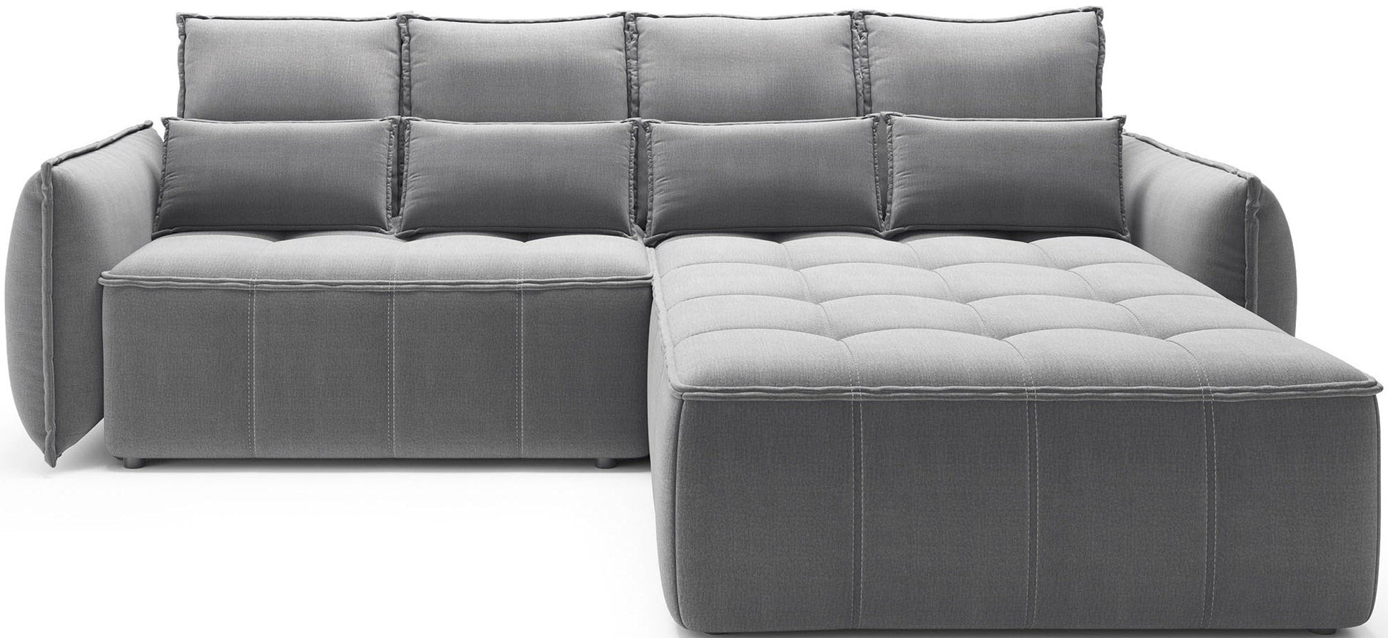 Narożnik Campo w układzie prawym, tapicerka Nube 04 szary, frontalny widok na czystym, białym tle z pikowanym siedziskiem.