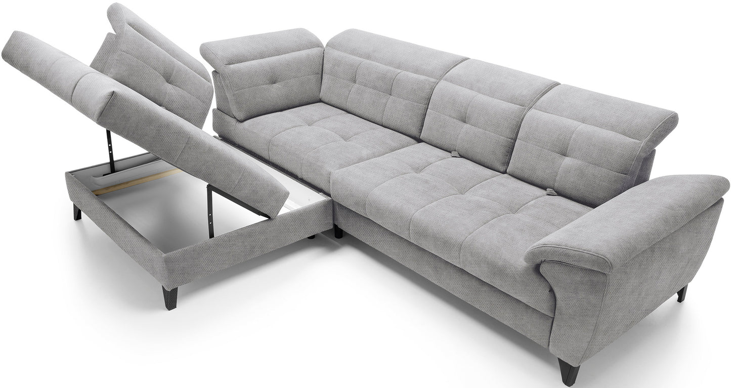 Narożnik Inferne Raquel 04 szary w układzie lewym z uniesionym siedziskiem odsłaniającym schowek magazynowy.