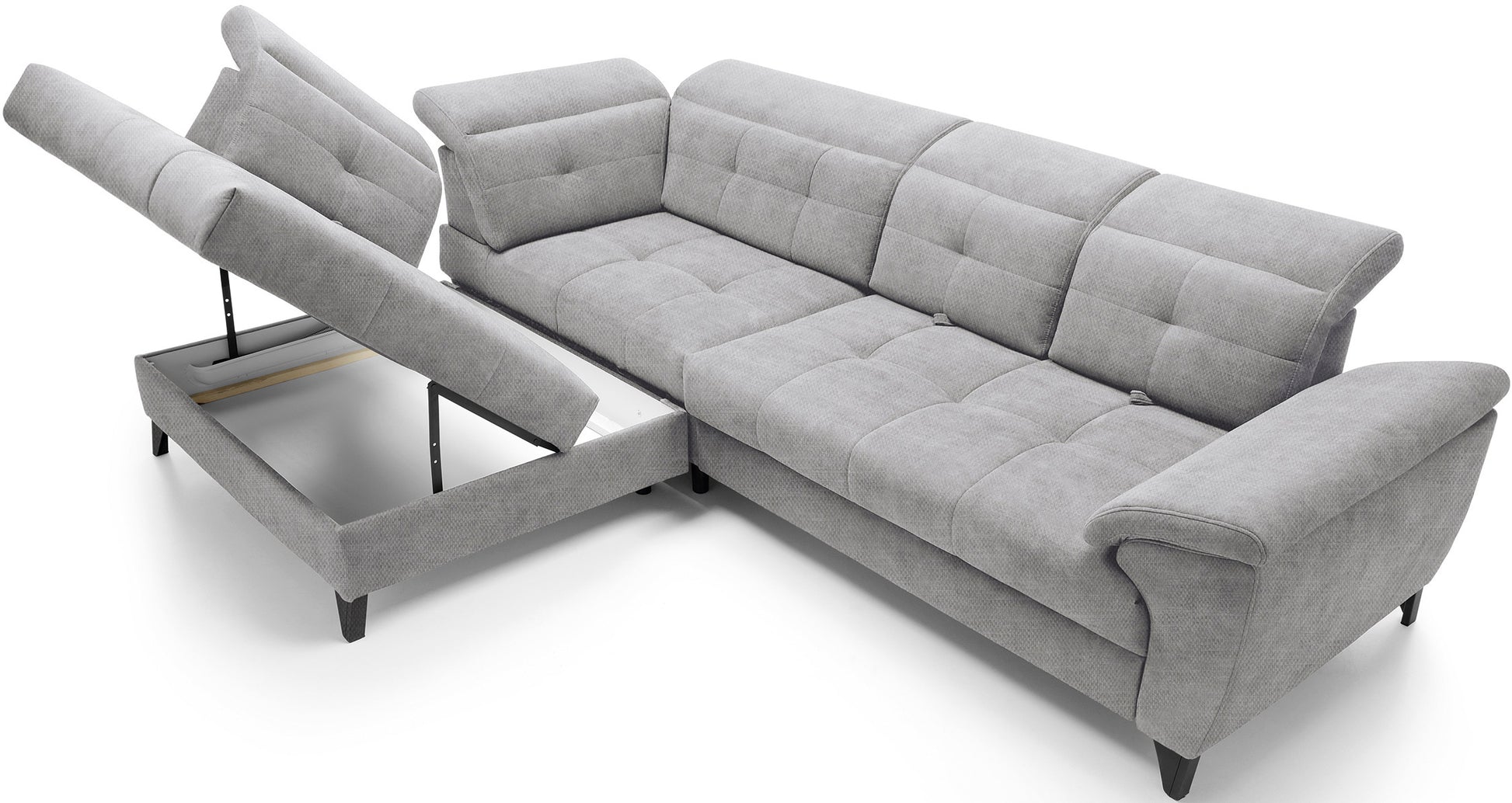 Narożnik Inferne Raquel 04 szary w układzie lewym z uniesionym siedziskiem odsłaniającym schowek magazynowy.