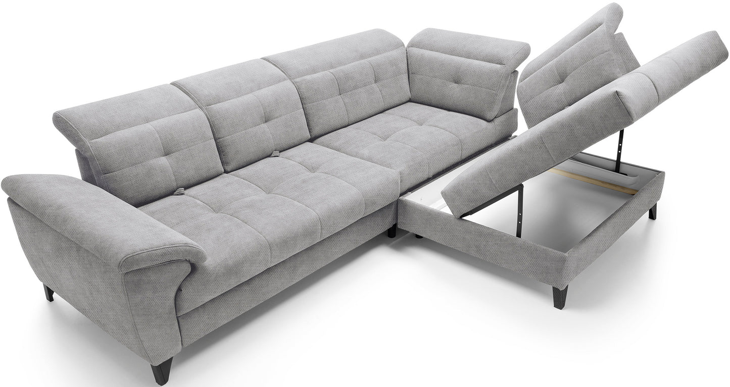 Narożnik Inferne Raquel 20 szary w układzie prawym z uniesionym siedziskiem odsłaniającym schowek magazynowy.