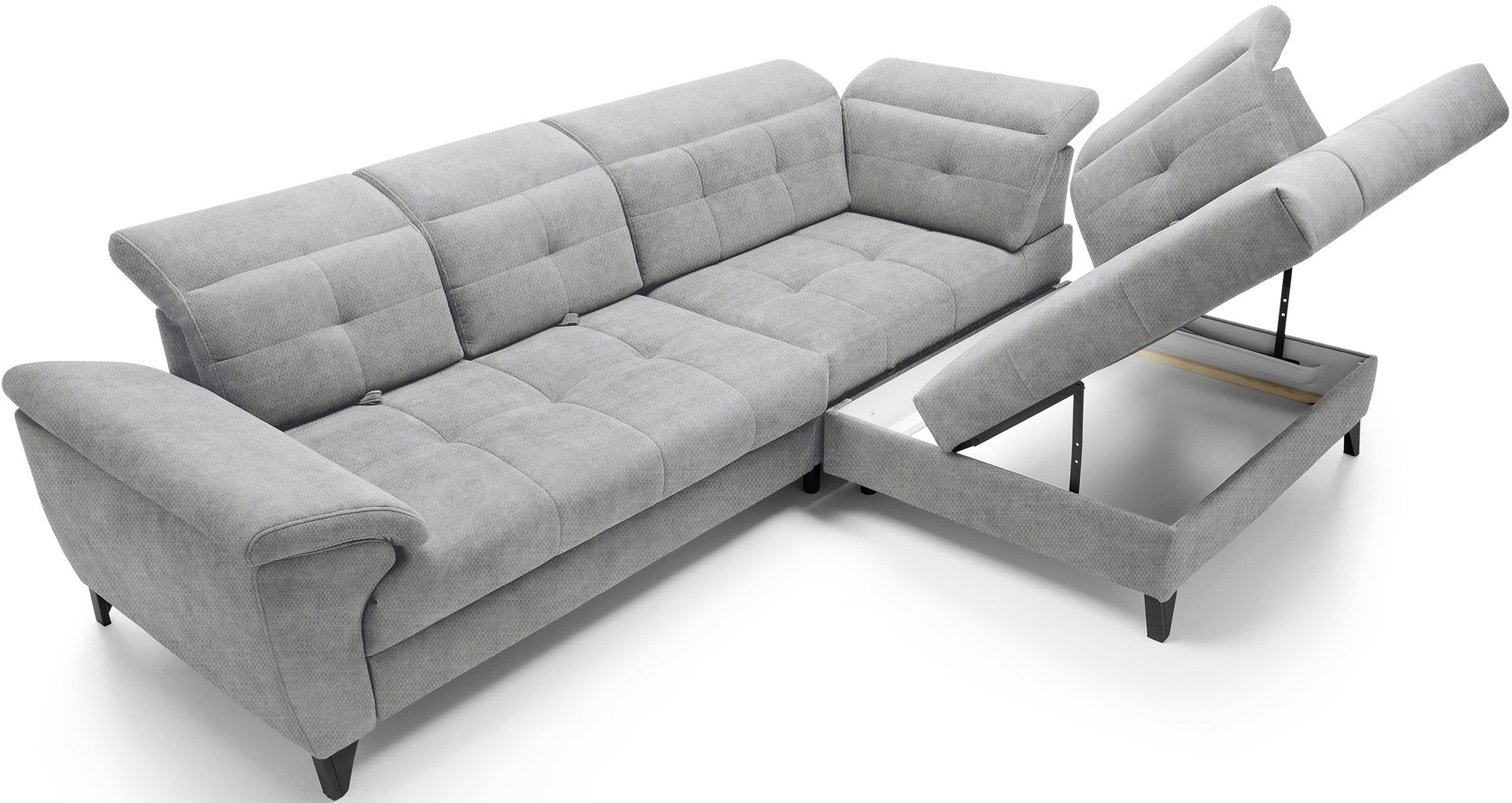 Narożnik Inferne Raquel 20 szary w układzie prawym z uniesionym siedziskiem odsłaniającym schowek magazynowy.