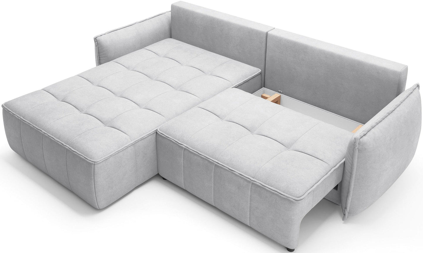 Campo układ lewy, Relax 03 szary, funkcja schowka – na białym tle wysunięta część siedziska odsłaniająca ukrytą komorę do przechowywania we wnętrzu modułu.