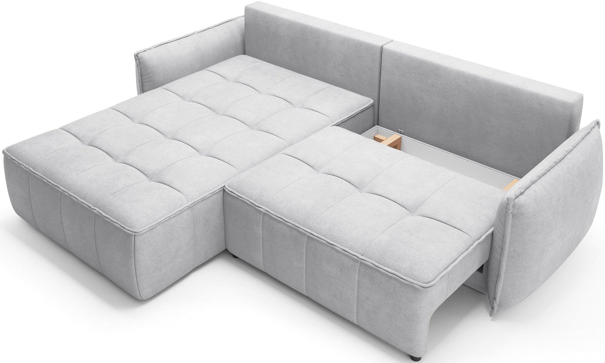 Campo układ lewy, Relax 03 szary, funkcja schowka – na białym tle wysunięta część siedziska odsłaniająca ukrytą komorę do przechowywania we wnętrzu modułu.