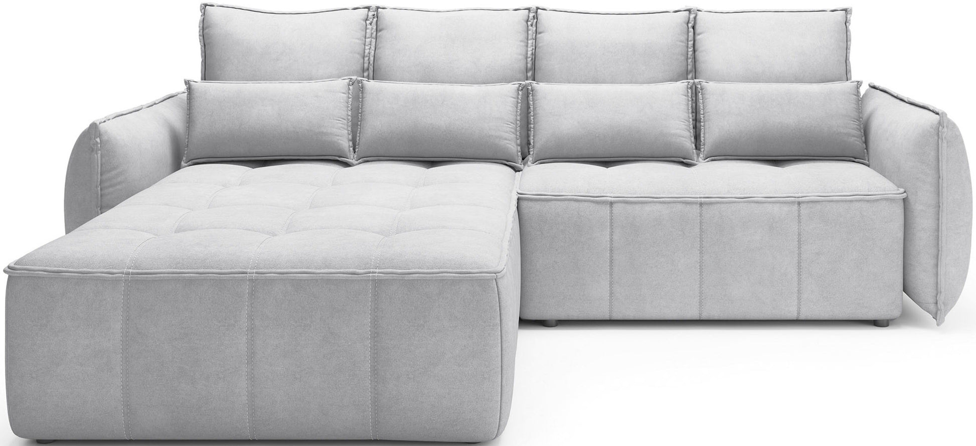 Campo układ lewy, Relax 03 szary, widok frontalny na neutralnym białym tle, z pikowanym siedziskiem i podłużnymi poduszkami o prostym, minimalistycznym kształcie.