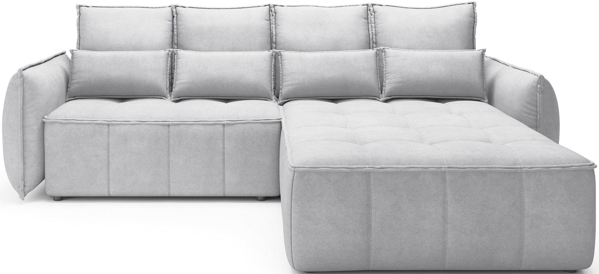 Narożnik Campo Relax 03 w kolorze szarym, ustawiony w układzie prawym, widoczny na białym tle w ujęciu frontalnym, z pikowanym siedziskiem i trójkątnymi poduszkami oparciowymi.