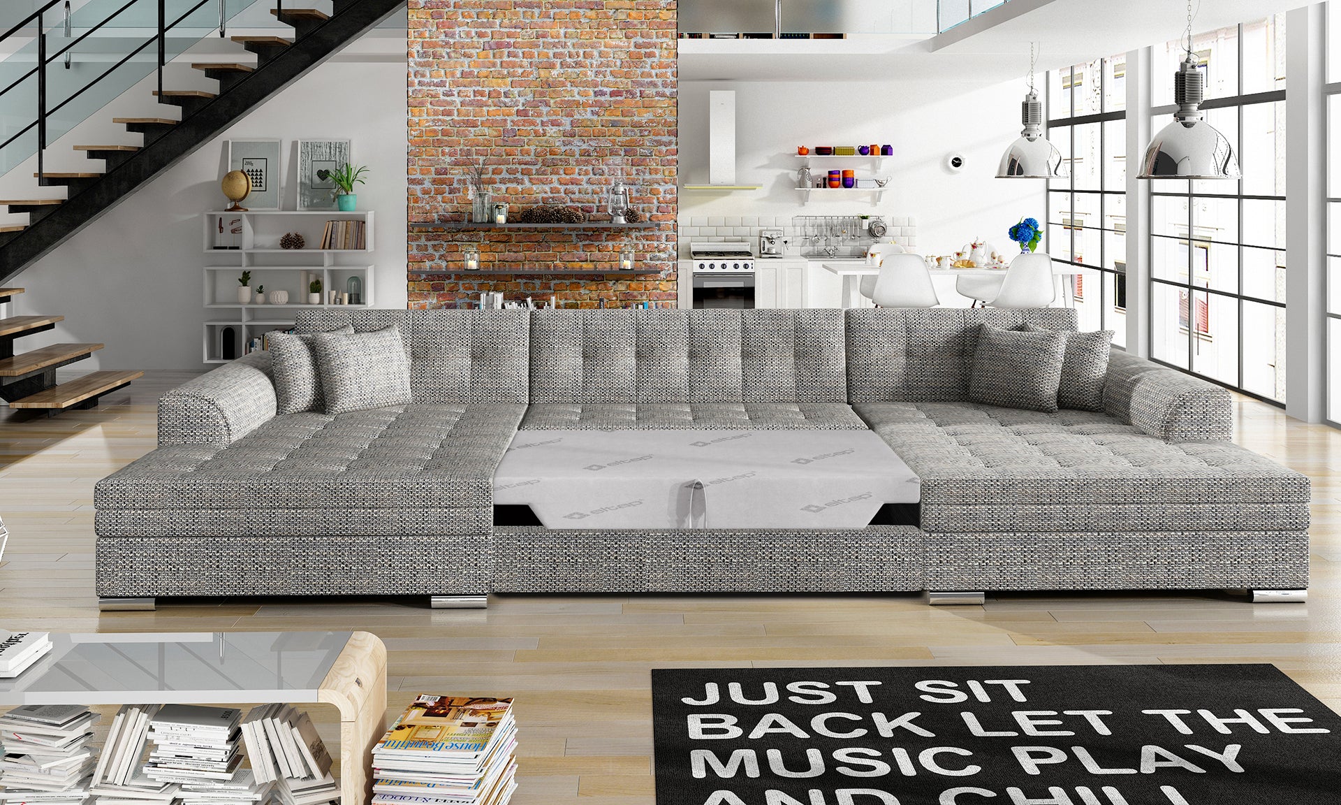 Narożnik Vento Berlin 01 jasnoszary – rozłożona funkcja spania