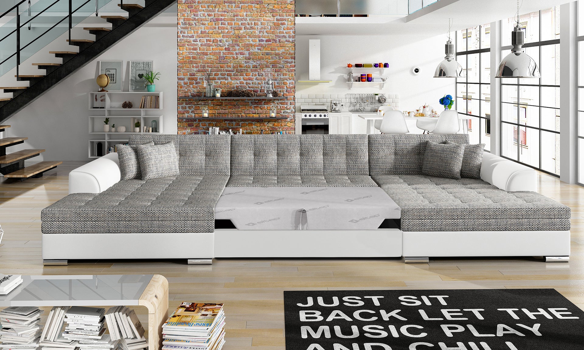 Narożnik Vento – Berlin 01 szary / Soft 17 (biały), rozłożona funkcja spania.