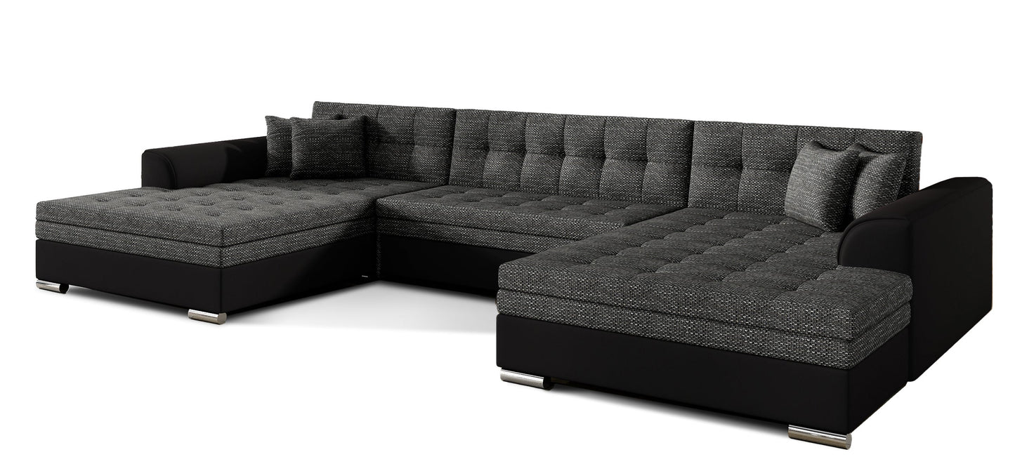 Narożnik Vento Berlin 02 czarno-szary / Soft 11 czarny, pikowane siedzisko i oparcie zapewniają komfort oraz nowoczesny wygląd wnętrza - widok z ukosu na białym tle.