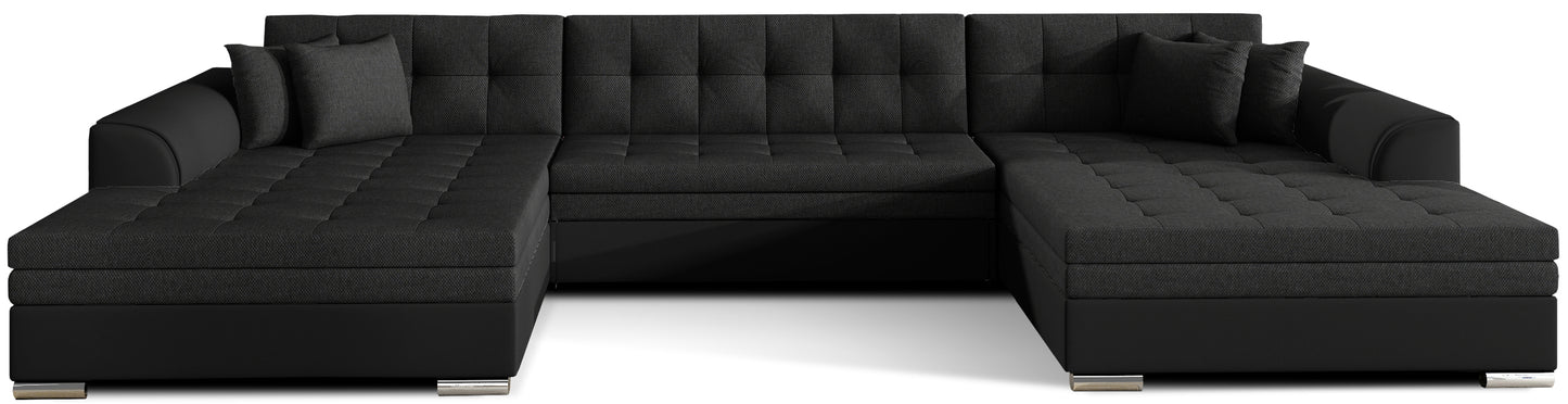 Narożnik Vento w tkaninie Inari 100 i Soft 11 w kolorze czarnym w uniwersalnym układzie z pikowanym siedziskiem i oparciem, nowoczesny design zapewniający komfort i elegancki wygląd salonu - widok z przodu na białym tle.