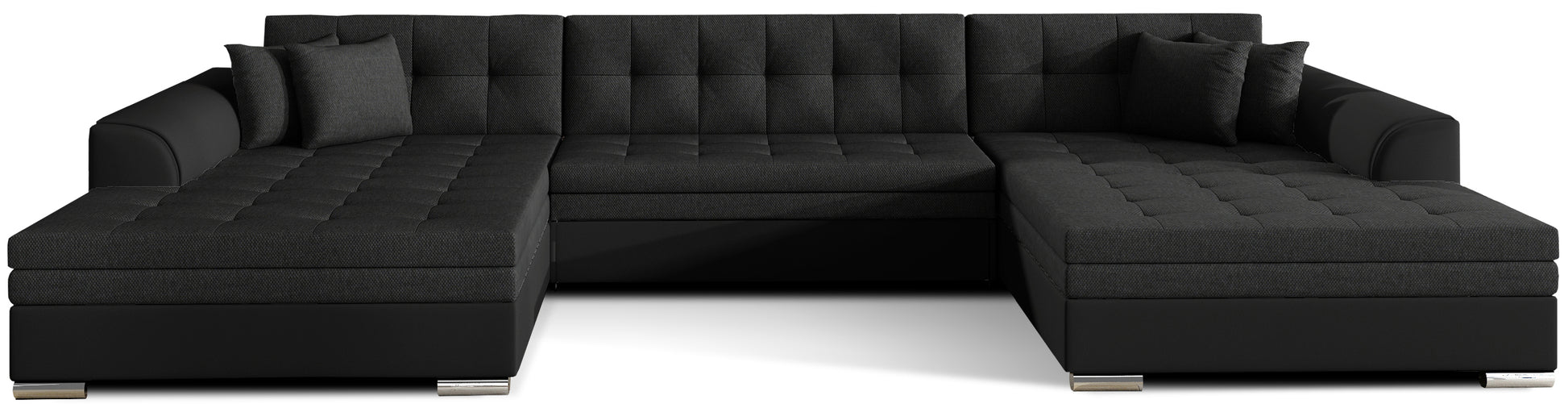 Narożnik Vento w tkaninie Inari 100 i Soft 11 w kolorze czarnym w uniwersalnym układzie z pikowanym siedziskiem i oparciem, nowoczesny design zapewniający komfort i elegancki wygląd salonu - widok z przodu na białym tle.