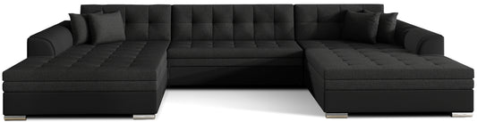 Narożnik Vento w tkaninie Inari 100 i Soft 11 w kolorze czarnym w uniwersalnym układzie z pikowanym siedziskiem i oparciem, nowoczesny design zapewniający komfort i elegancki wygląd salonu - widok z przodu na białym tle.