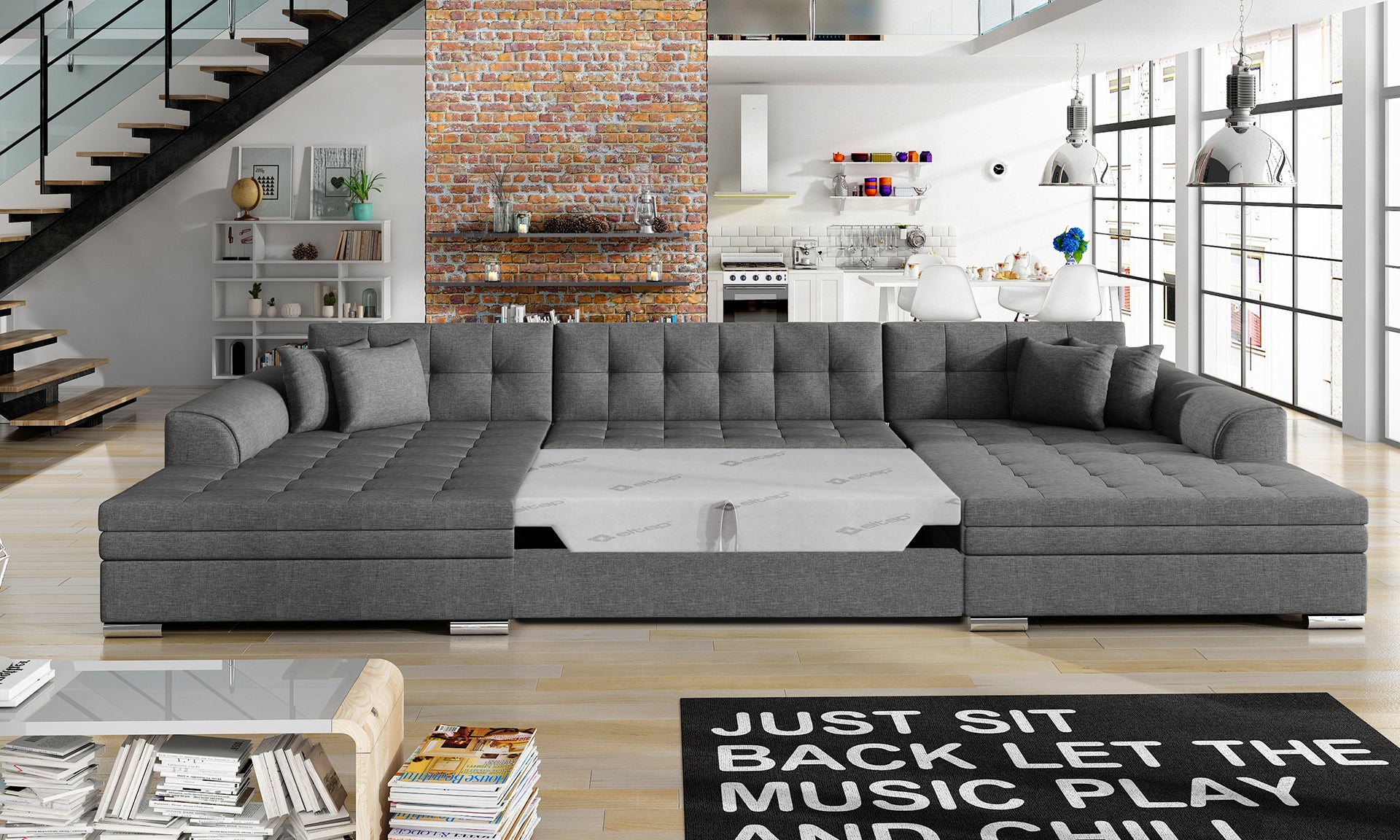 Narożnik Vento – Sawana 05 ciemnoszary, rozłożona funkcja spania.