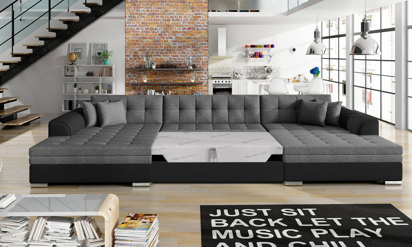 Narożnik Vento – Sawana 05 ciemnoszary, Soft 11 czarny, rozłożony do funkcji spania.