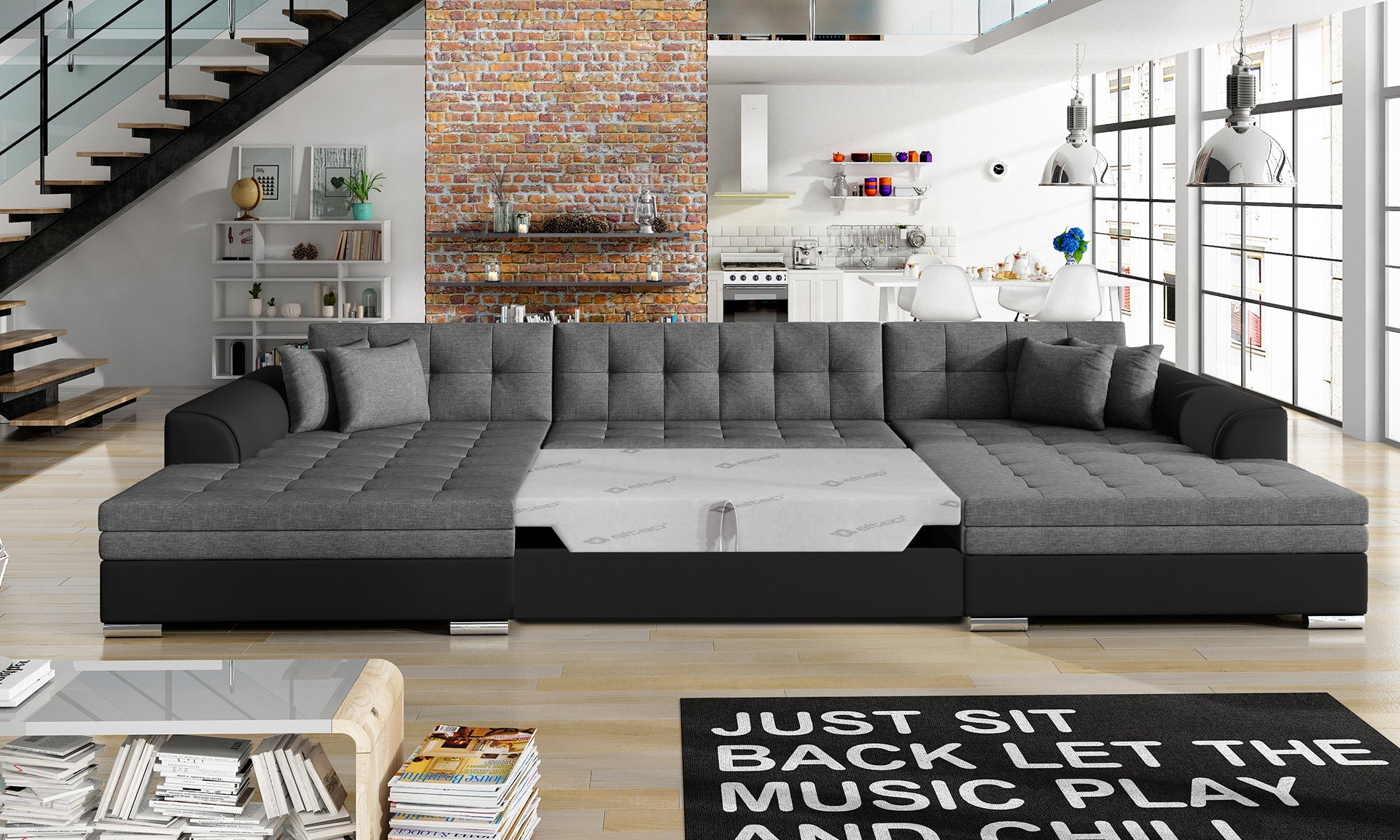 Narożnik Vento – Sawana 05 ciemnoszary, Soft 11 czarny, rozłożony do funkcji spania.