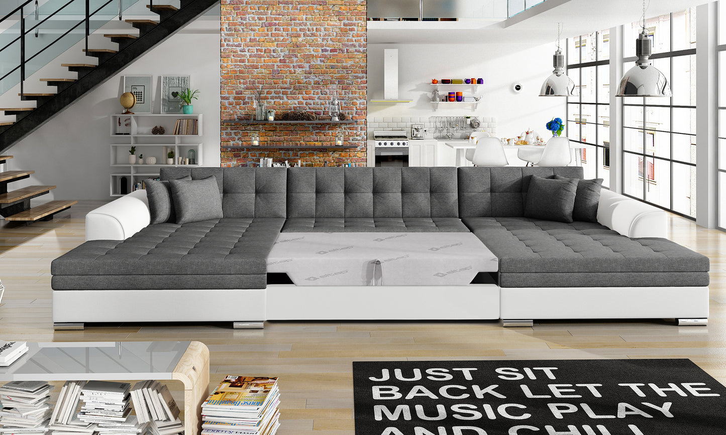 Narożnik Vento – Sawana 05 ciemnoszary / Soft 17 biały, rozłożona funkcja spania.