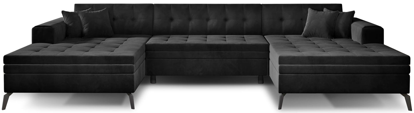Nowoczesny narożnik Vertizo w czarnym kolorze z tkaniny Lukso 10 to elegancka sofa do salonu, która wyróżnia się głębokim odcieniem i minimalistycznym designem, zapewniając komfortowe miejsce do codziennego wypoczynku