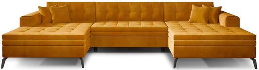 Nowoczesny narożnik Vertizo w intensywnym żółtym kolorze z tkaniny Nube 45 to stylowa sofa do salonu, która wyróżnia się pikowanym siedziskiem, elegancką formą oraz wygodną powierzchnią idealną do codziennego relaksu