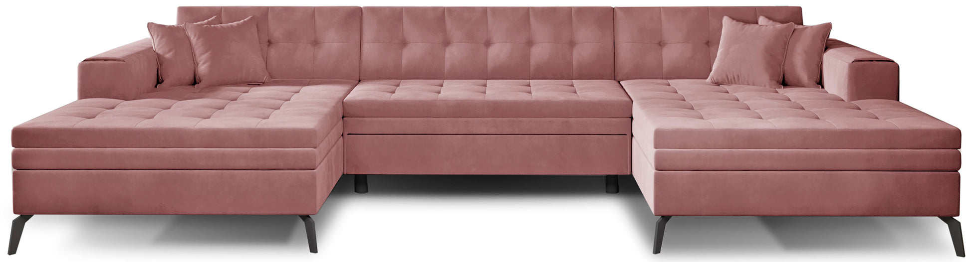 Modny narożnik Vertizo w różowym kolorze z tkaniny Velvetmat 24 to wyjątkowa sofa do salonu, która przyciąga uwagę delikatnym odcieniem i miękkim wykończeniem, tworząc komfortowe miejsce do relaksu w stylowym wnętrzu