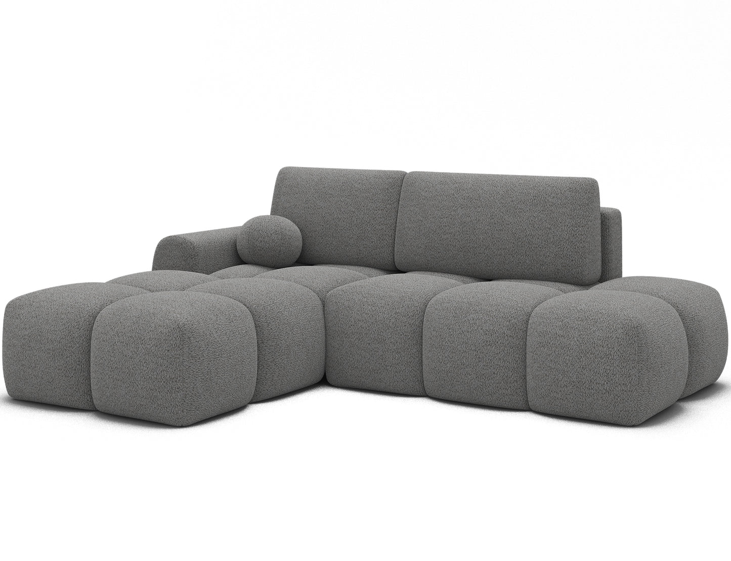 Narożnik Vittario lewy w tkaninie Royal 04 jasny stalowy ukazany pod kątem, modułowe bryły i designerski styl do nowoczesnych wnętrz.