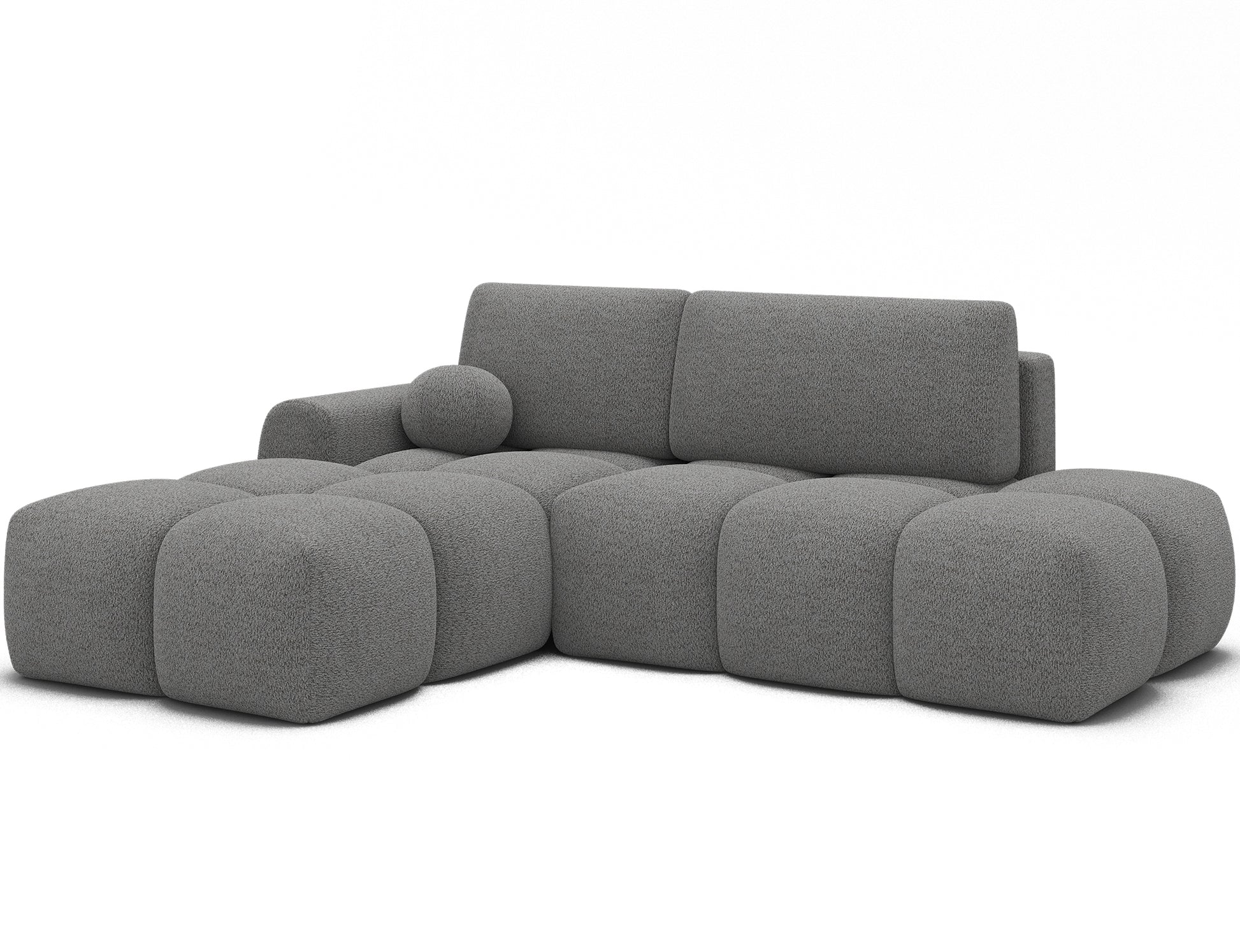 Narożnik Vittario lewy w tkaninie Royal 04 jasny stalowy ukazany pod kątem, modułowe bryły i designerski styl do nowoczesnych wnętrz.