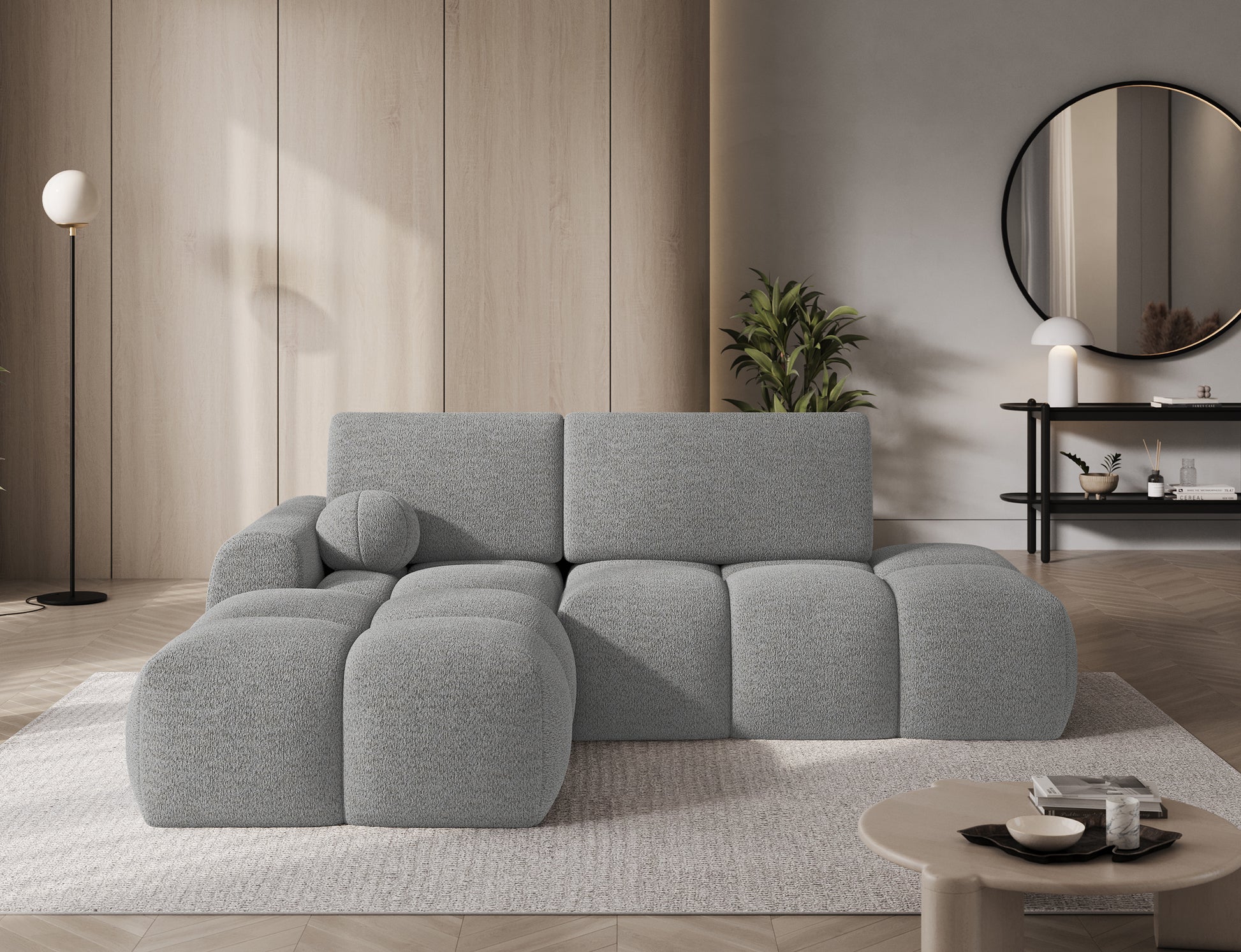 Narożnik Vittario lewy Royal 04 jasny stalowy, widok od frontu, modułowe siedziska, miękka forma i elegancki design do salonu.