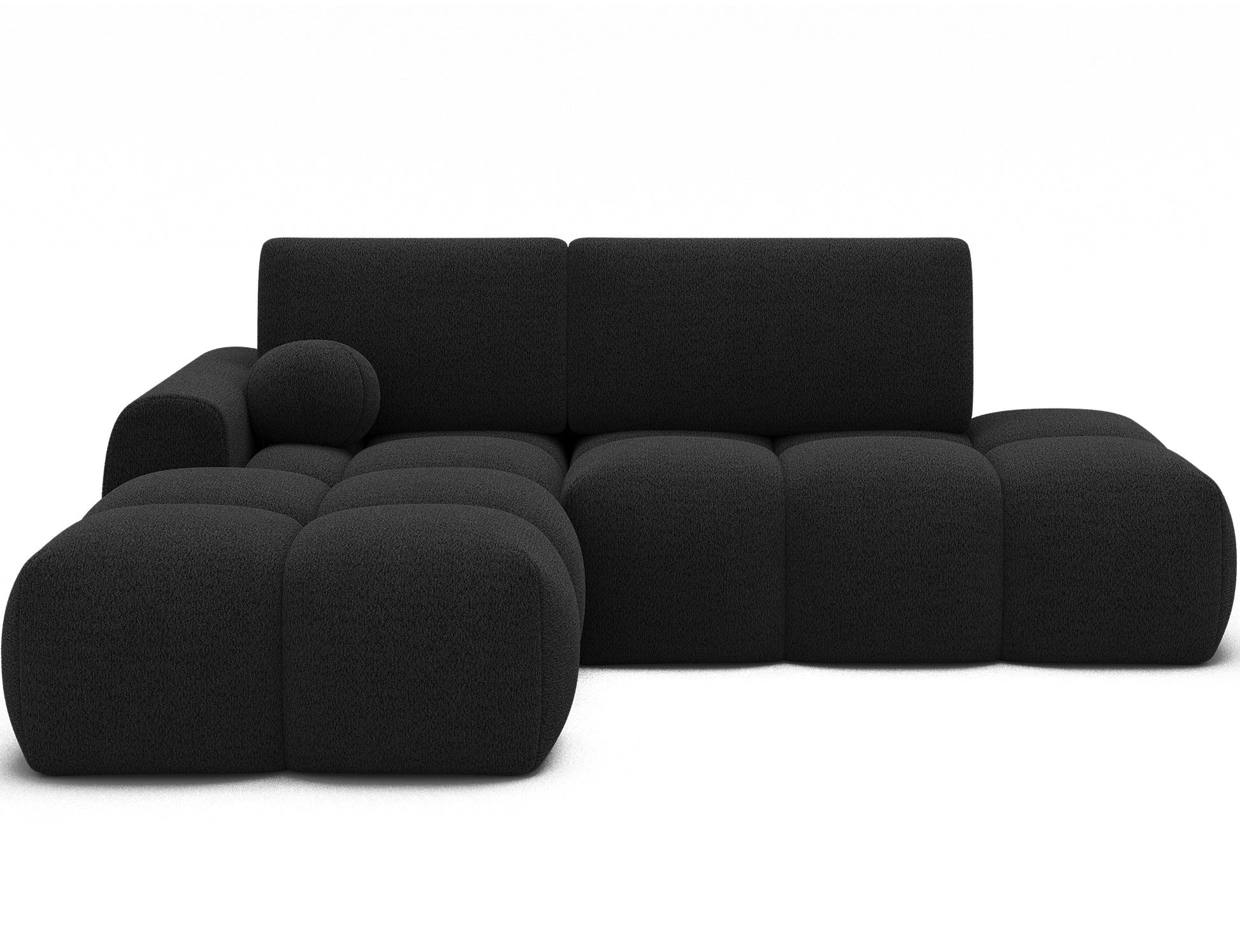 Narożnik Vittario lewy w tkaninie Royal 05 antracyt, nowoczesny modułowy design z miękkimi siedziskami i wyrazistą elegancją w ciemnym odcieniu.