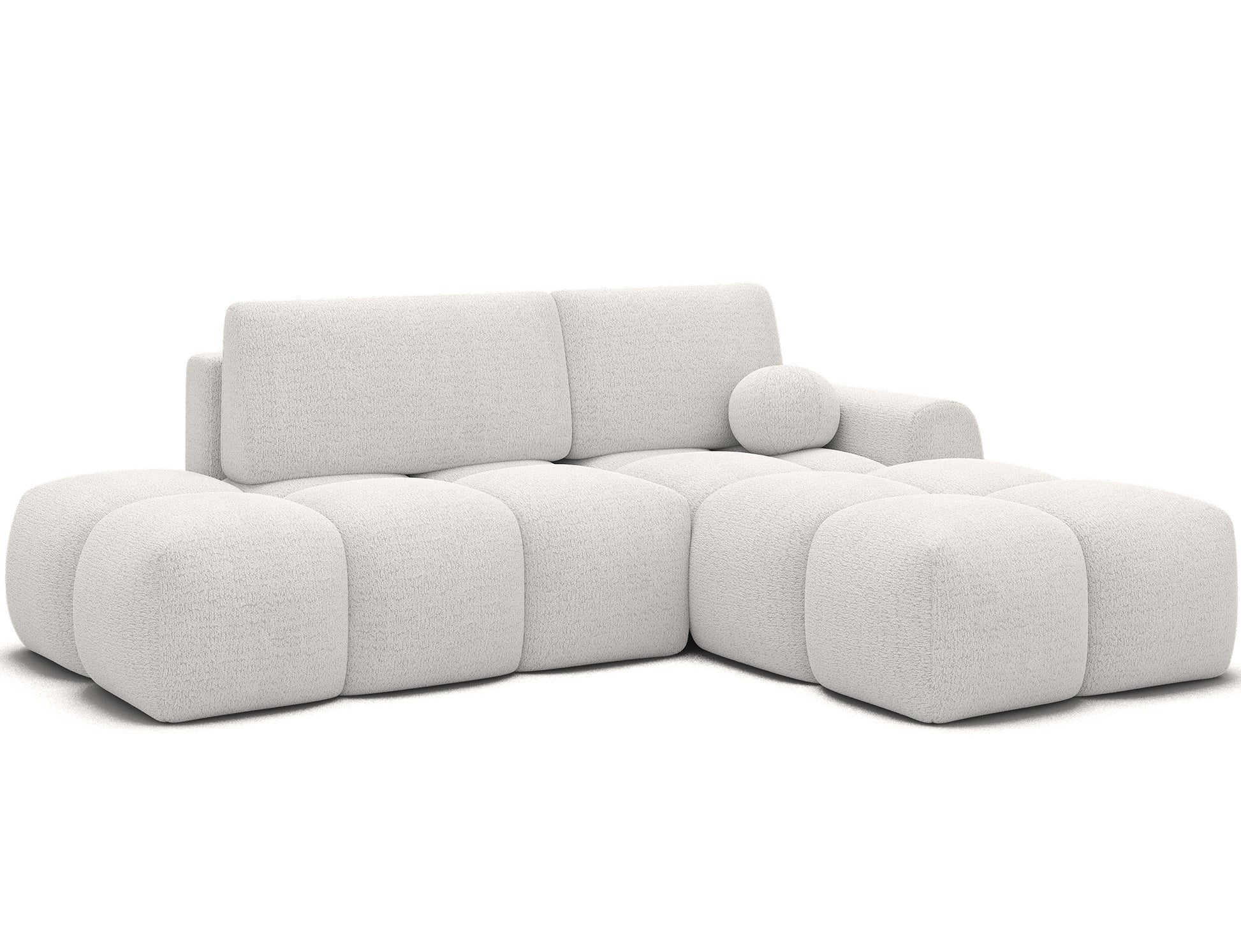 Ujęcie pod skosem narożnika Vittario prawego w tkaninie Royal 01 mleczna biel, pokazujące modułową konstrukcję i harmonijny design.