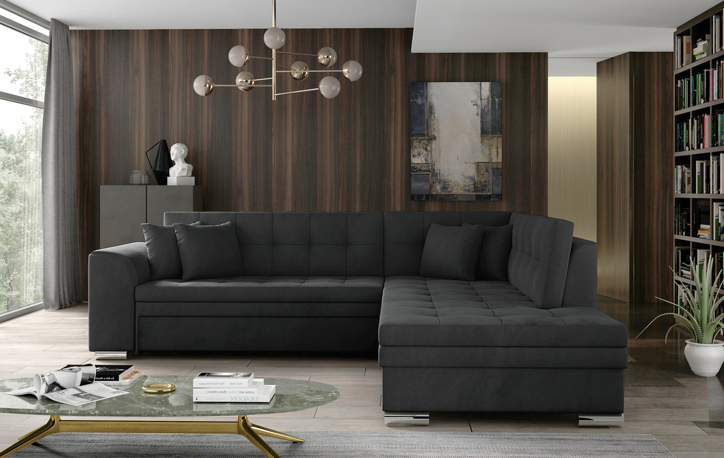 Elegancki narożnik Pieretta prawy w ciemnoszarym wykończeniu Paros 06 to komfortowy mebel do salonu, idealny dla rodzin, które szukają stylowego i funkcjonalnego miejsca do wspólnego wypoczynku.