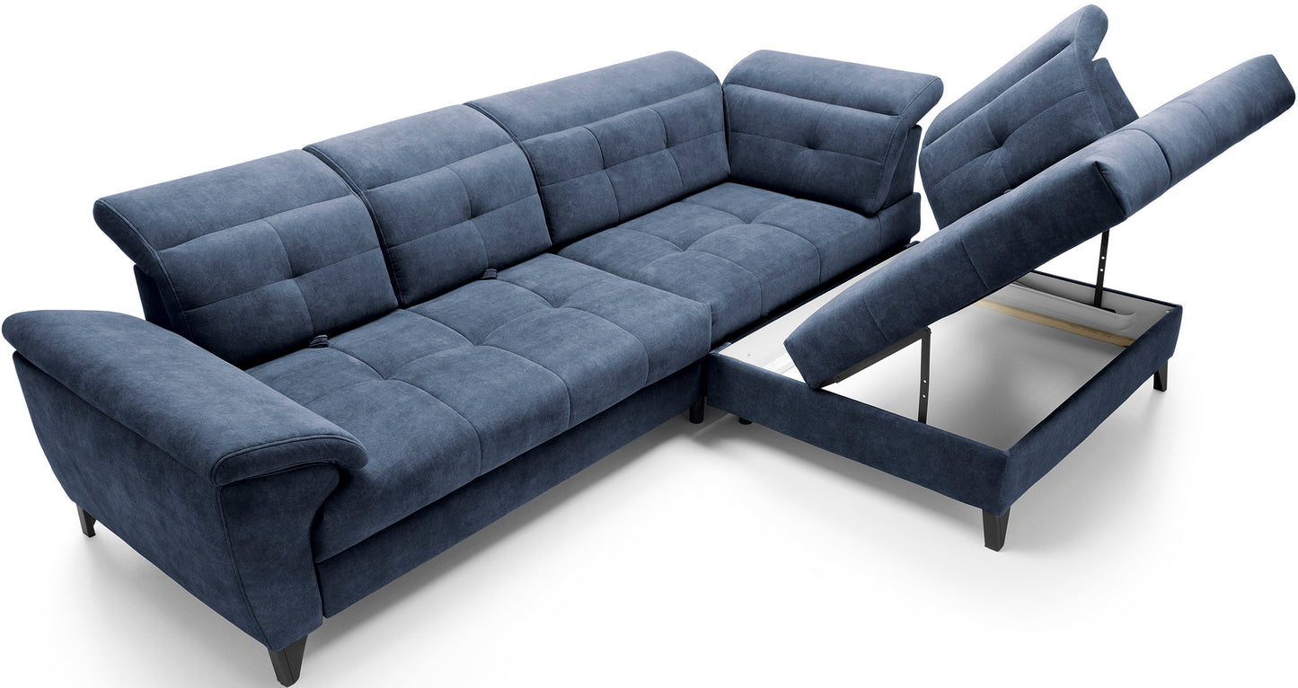 Narożnik Inferne Aura 40 zgaszony niebieski w układzie prawym ze uniesionym siedziskiem odsłaniającym pojemnik magazynowy.