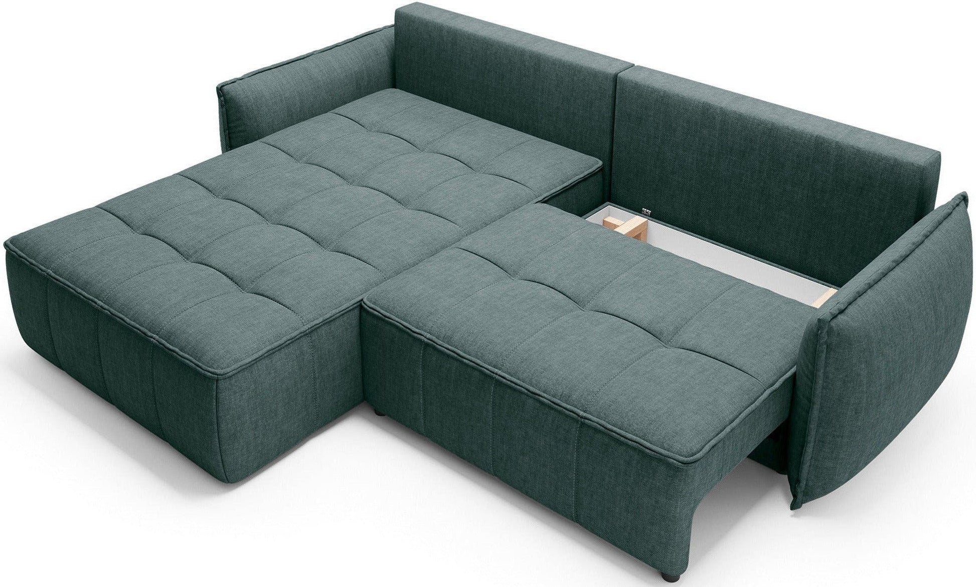 Lewy moduł szezlongu narożnika Campo Manhattan 38 zielony z uniesionym siedziskiem odsłaniającym pojemny schowek na pościel.