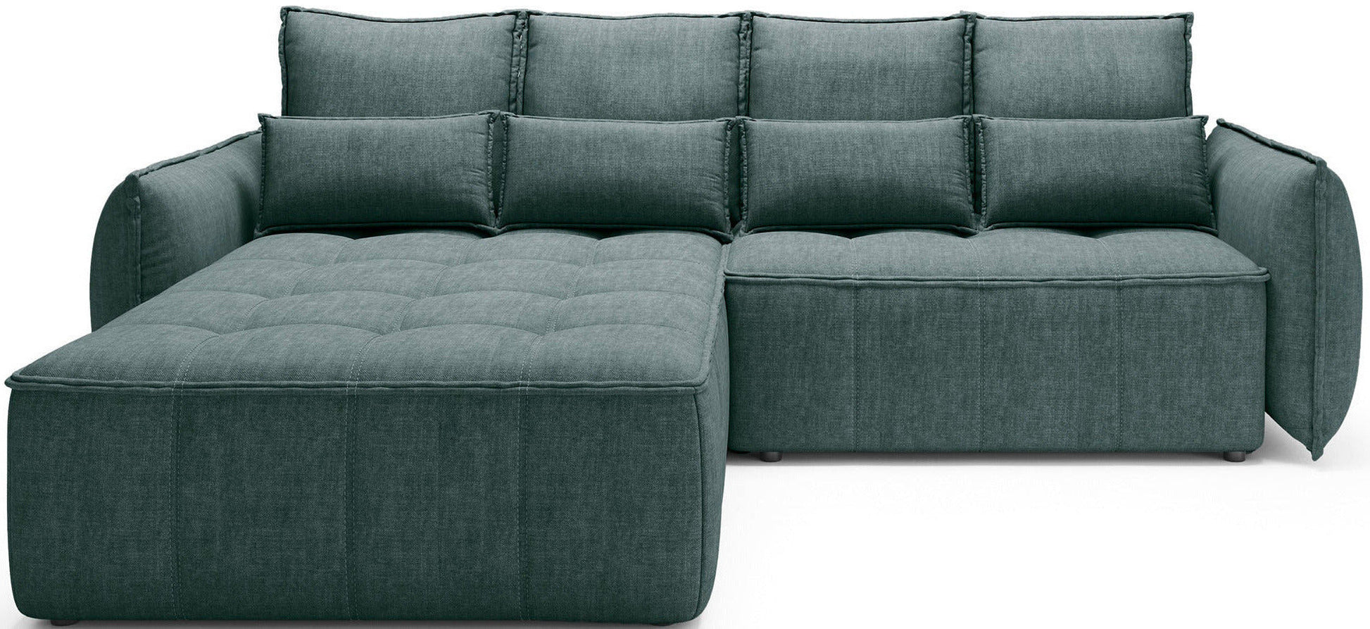 Narożnik Campo w układzie lewym obity tkaniną Manhattan 38 zielony, przedstawiony na białym tle z szerokim pikowanym szezlongiem po lewej i modułem siedzącym po prawej.