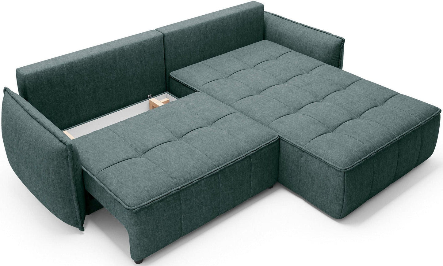 Narożnik Campo w układzie prawym obity tkaniną Manhattan 38 zielony z podniesionym szezlongiem odsłaniającym pojemnik na pościel.