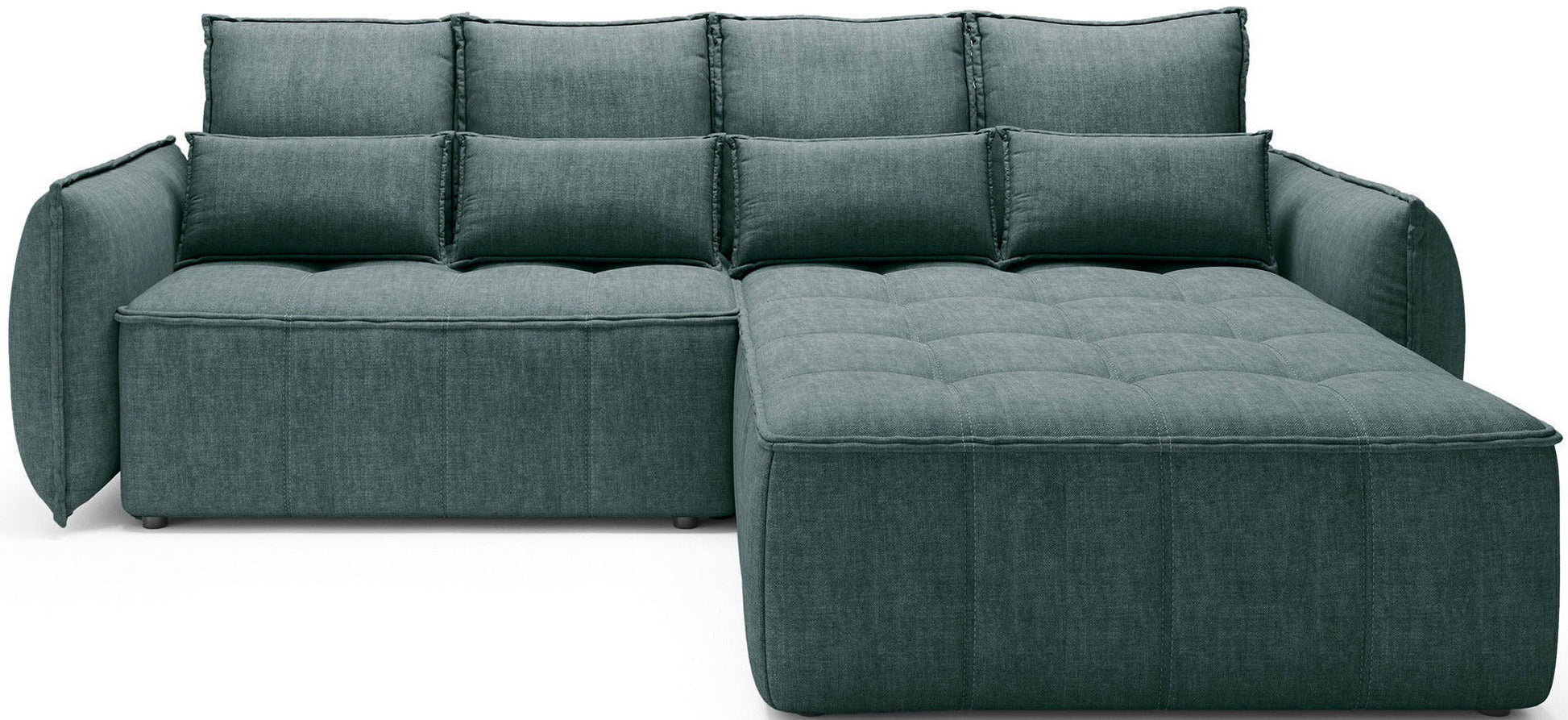 Narożnik Campo w układzie prawym obity tkaniną Manhattan 38 zielony, widok z przodu na białym tle z pikowanym szezlongiem po prawej stronie.