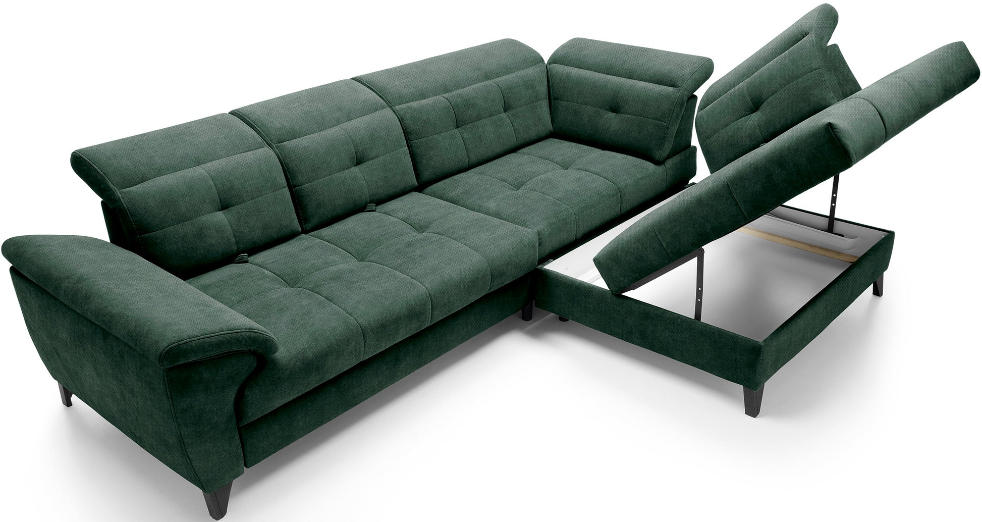 Narożnik Inferne Raquel 35 zielony w układzie prawym z uniesionym siedziskiem odsłaniającym pojemny schowek.