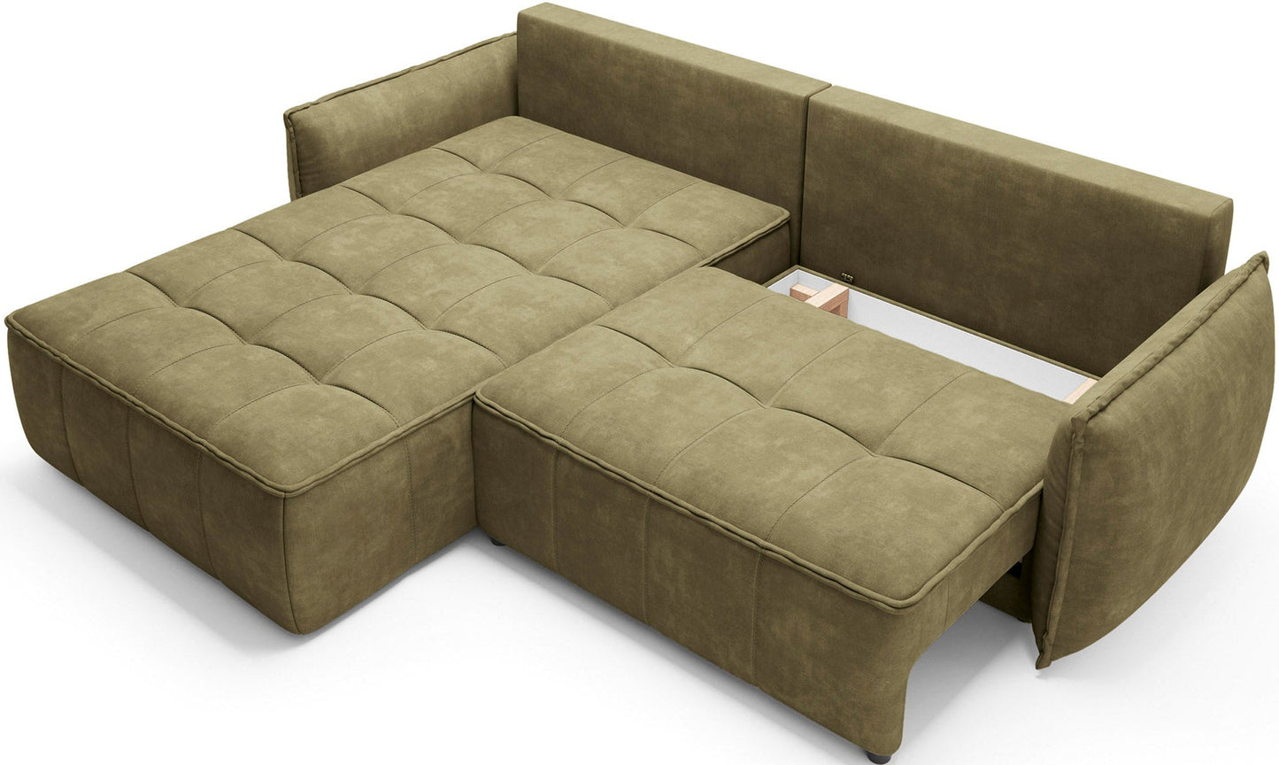 Narożnik Campo Toscana 33 zielony w układzie lewym z uniesionym siedziskiem odsłaniającym pojemnik na pościel, prezentowany na białym tle.