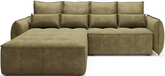 Narożnik Campo Toscana 33 zielony w układzie lewym na białym tle – frontalny widok z pikowanym siedziskiem i zaokrąglonymi podłokietnikami.