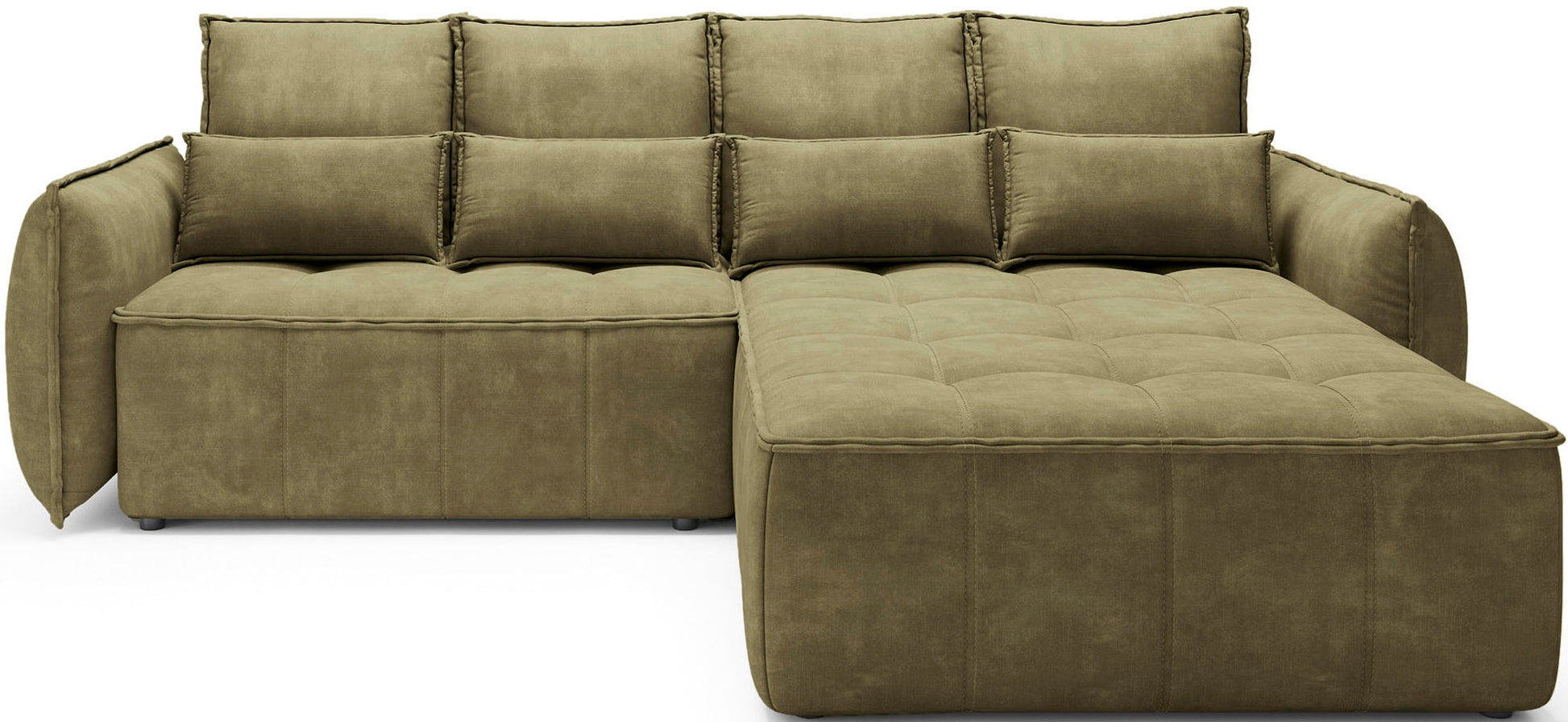 Narożnik Campo Toscana 33 zielony w układzie prawym na białym tle – frontalny widok z pikowanym siedziskiem i zaokrąglonymi podłokietnikami.