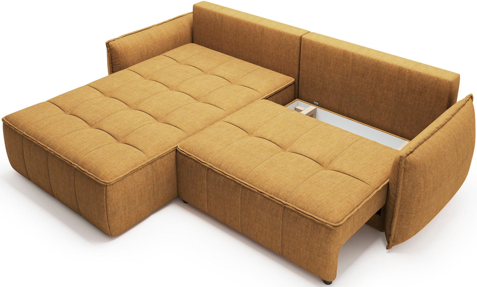 Narożnik Campo w układzie lewym, tapicerka Manhattan 45 w kolorze żółtym, z wysuniętą komorą do przechowywania, na neutralnym tle.