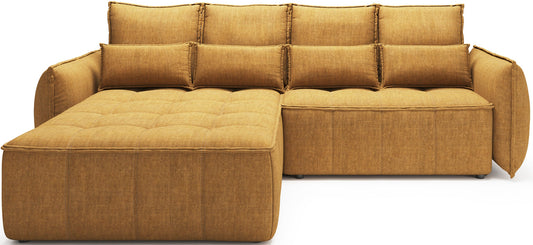 Narożnik Campo w układzie lewym o tapicerce Manhattan 45 w odcieniu żółtym, widok z przodu na czystym, białym tle.