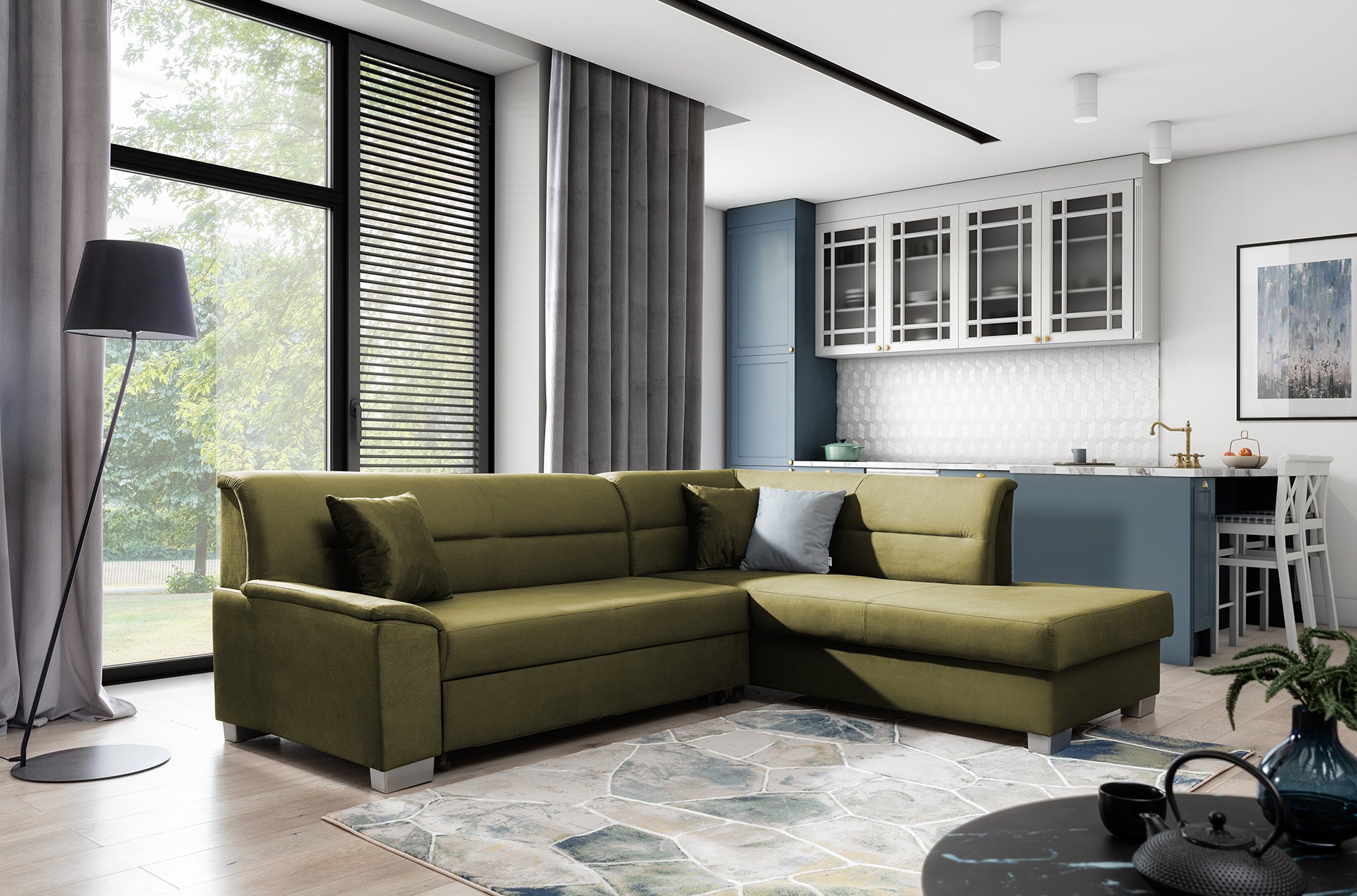 Narożnik Bergen w aranżacji salonu, tapicerka Monolith 38 jasnozielona

