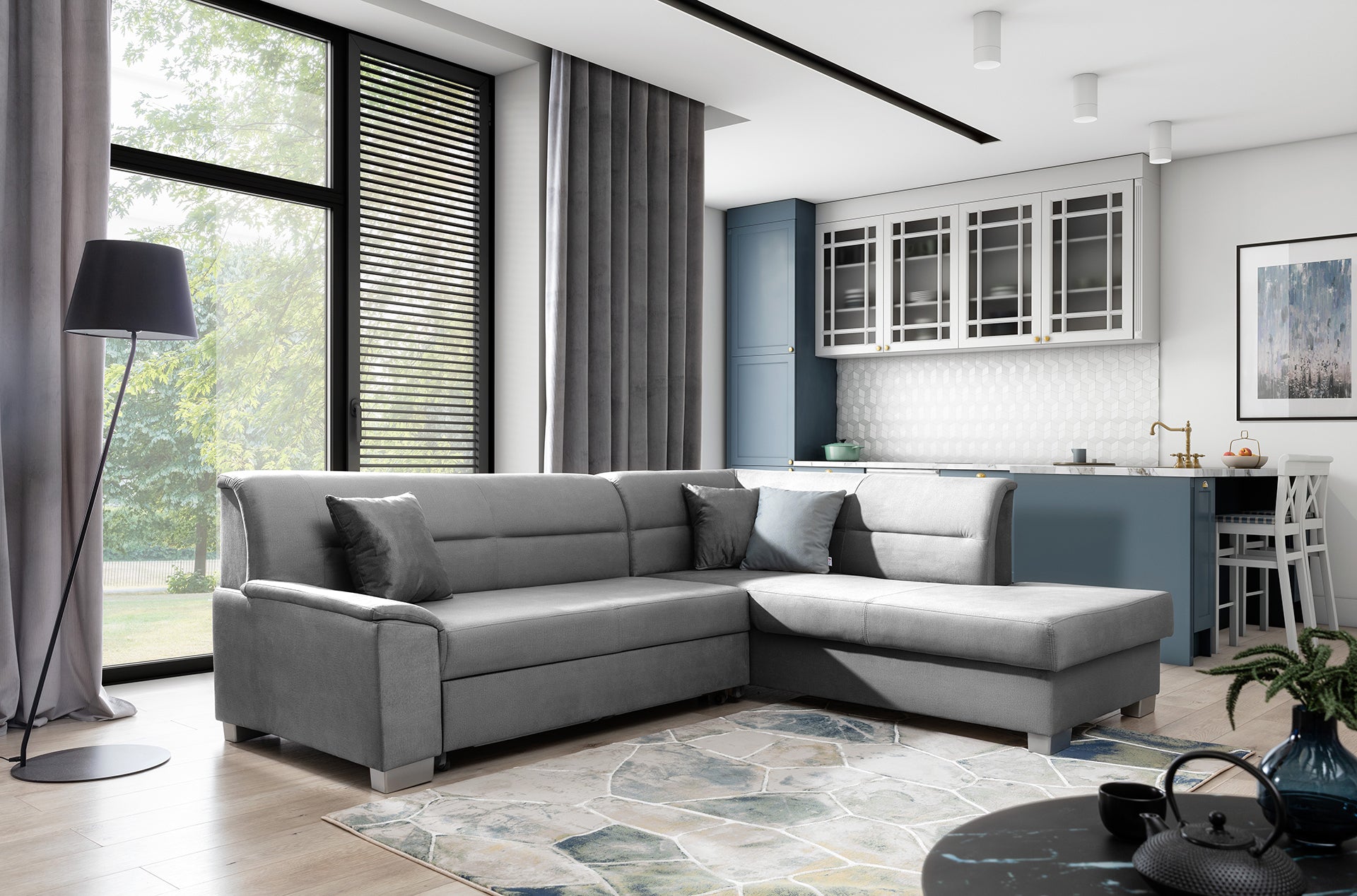 Narożnik Bergen w aranżacji salonu, tapicerka Monolith 85 szary