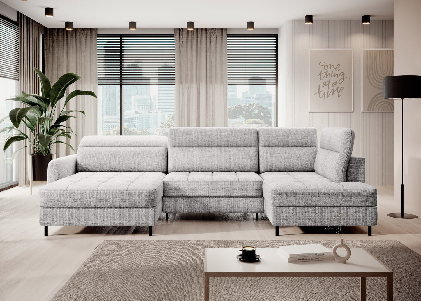 Narożnik Berrto w aranżacji salonu, biały Aubron 03, widok z przodu