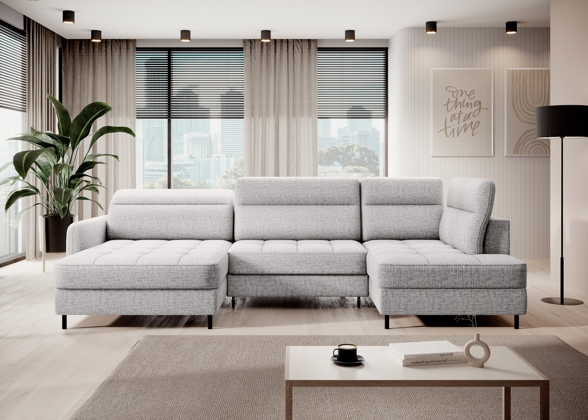 Narożnik Berrto w aranżacji salonu, biały Aubron 03, widok z przodu