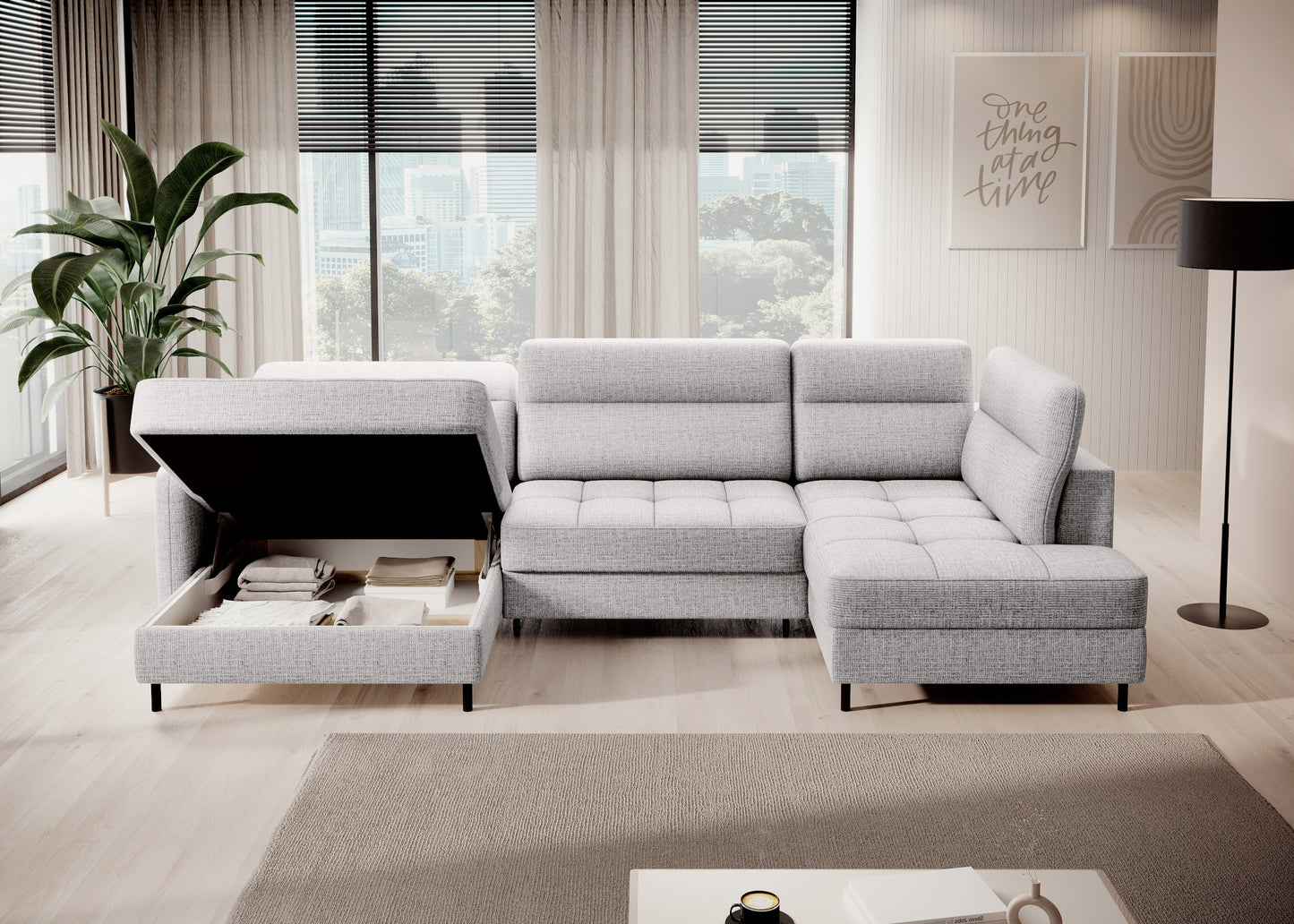 Narożnik Berrto w nowoczesnym salonie, biały Aubron 03 – widok z boku