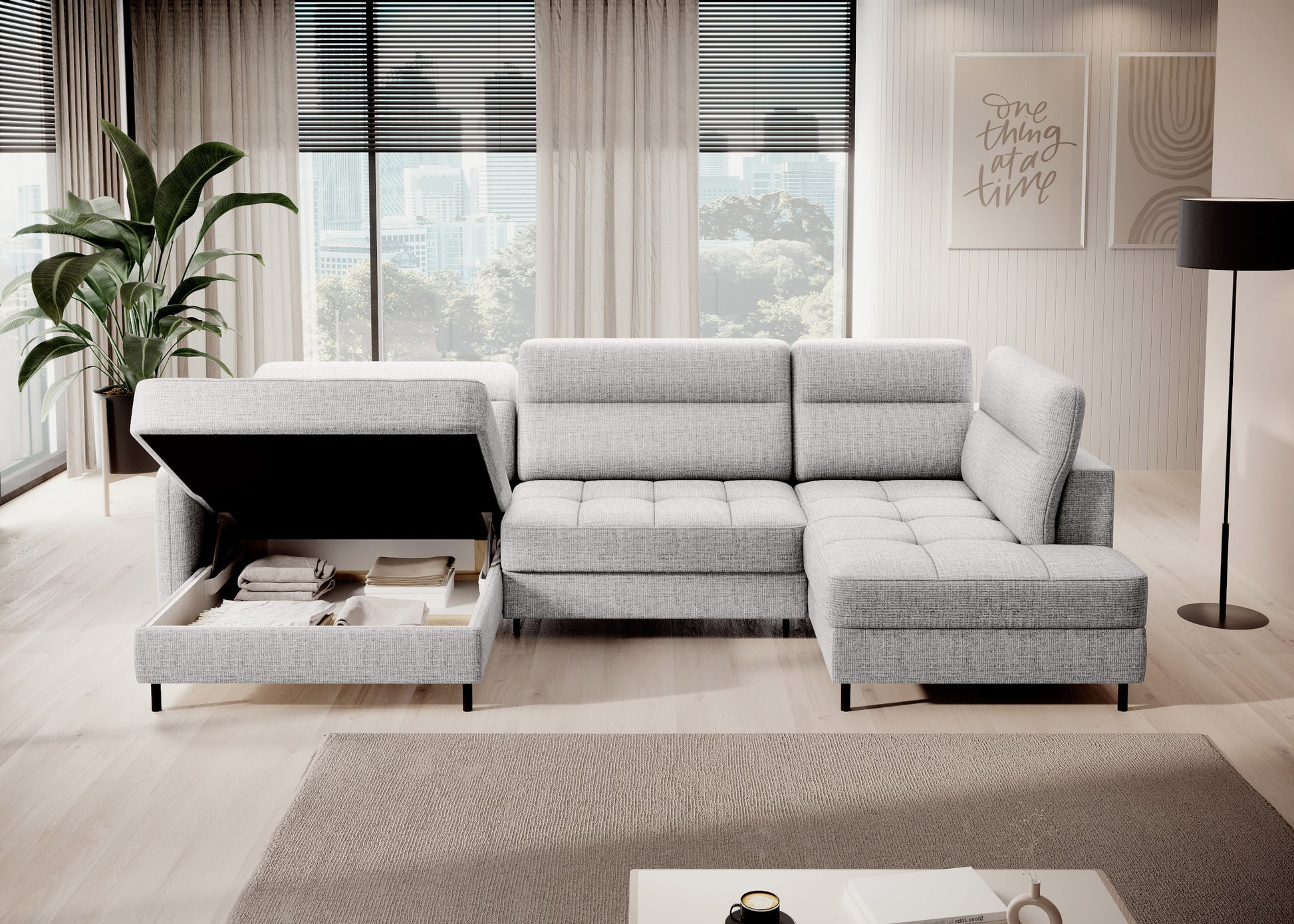 Narożnik Berrto w nowoczesnym salonie, biały Aubron 03 – widok z boku