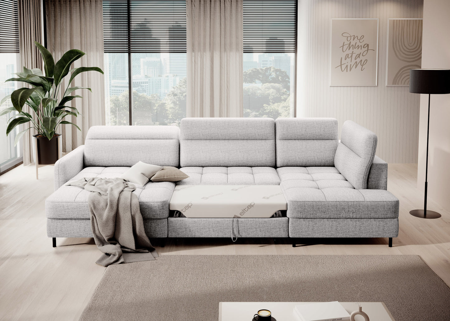 Narożnik Berrto rozłożony do spania, tkanina Aubron 03 biały