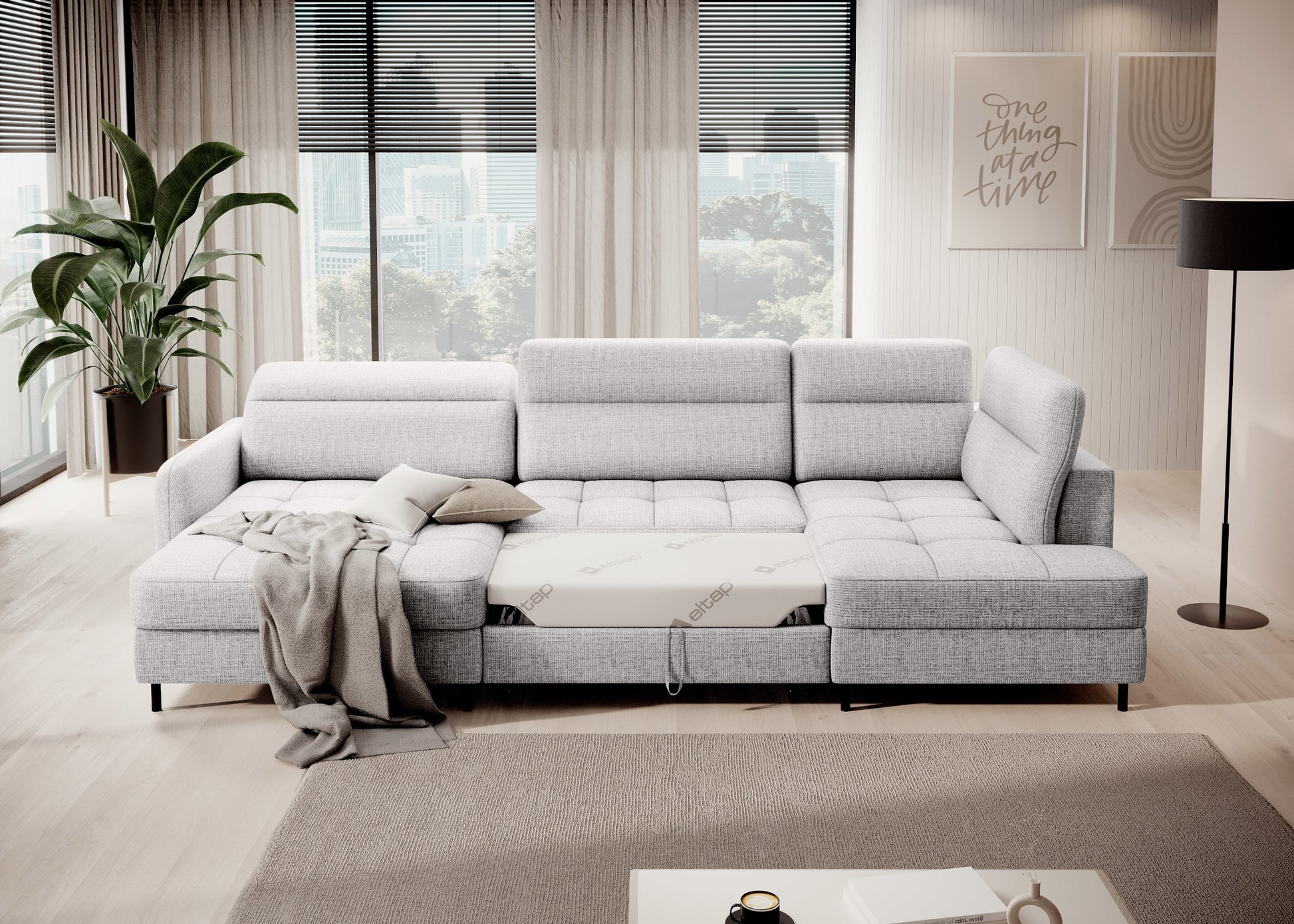 Narożnik Berrto rozłożony do spania, tkanina Aubron 03 biały