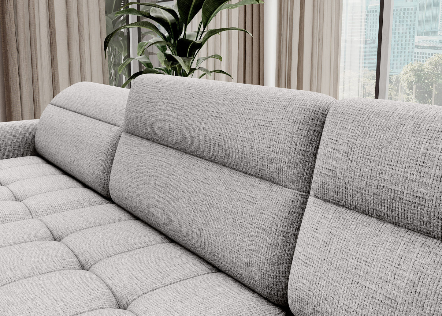 Zbliżenie tkaniny i przeszyć narożnika Berrto, materiał Aubron 03 biały