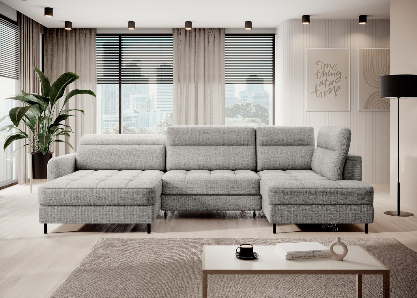 Narożnik Berrto w aranżacji salonu, jasnoszary Aubron 04, widok z przodu